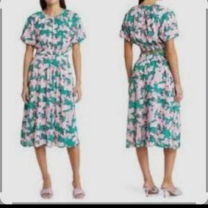 NWT Chelsea28 Pink Green Puff Sleeve Midi  Open Back Dress Sz M